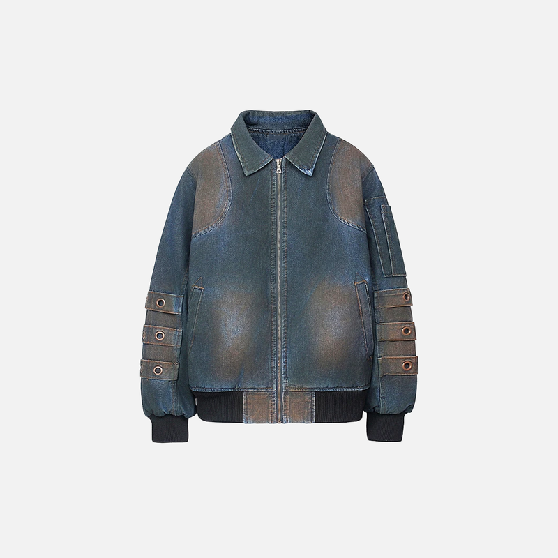 Heavy-Duty Worn Zip-Up Denim Jacket