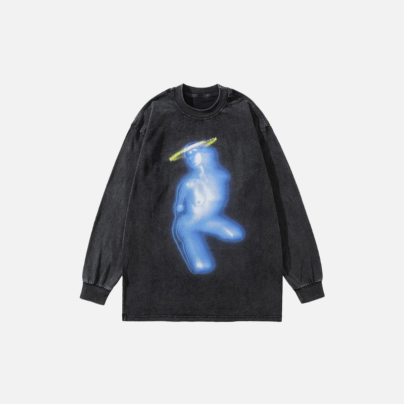 Front view of the black Y2K Halo Spirit Sweatshirt in a gray background