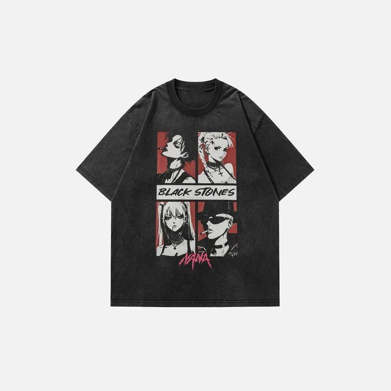 Urban-Edge Hip Hop Acid-Rinsed Black Stone T-Shirt
