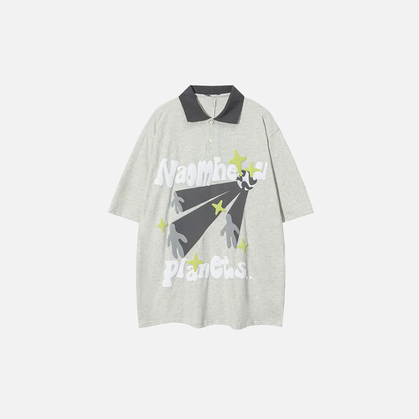 Essential Colorful Cartoon Letter Print Sport-Collar T-Shirt alternatif görünüm