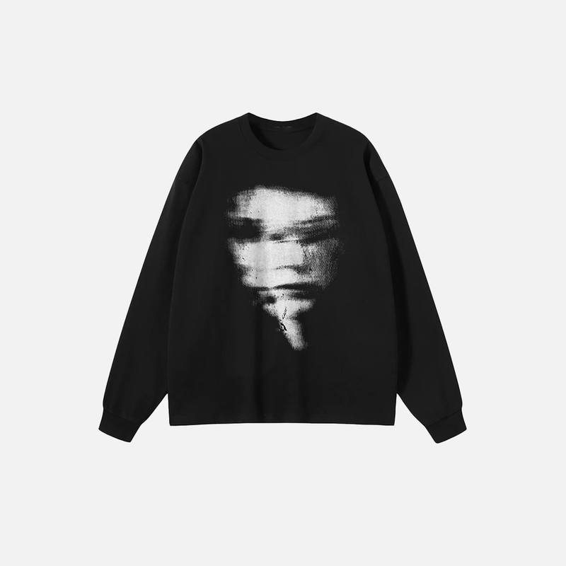 Blurry Face Illustrated Long Sleeve Cotton T-Shirt