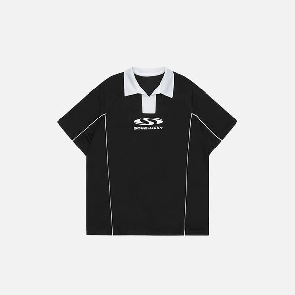 "Some Lucky" Patterned Athletic Sport-Collar T-Shirt alternatif görünüm