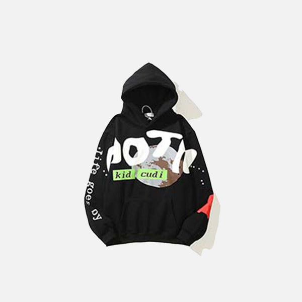 front view of the black The Chosen Kid Cudi Hoodie in a gray background
