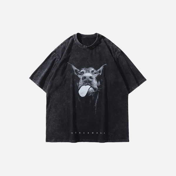 Aged Doberman Designed Stone-Rinsed Black T-Shirt