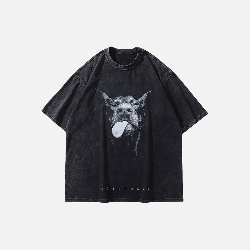 Aged Doberman Designed Stone-Rinsed Black T-Shirt