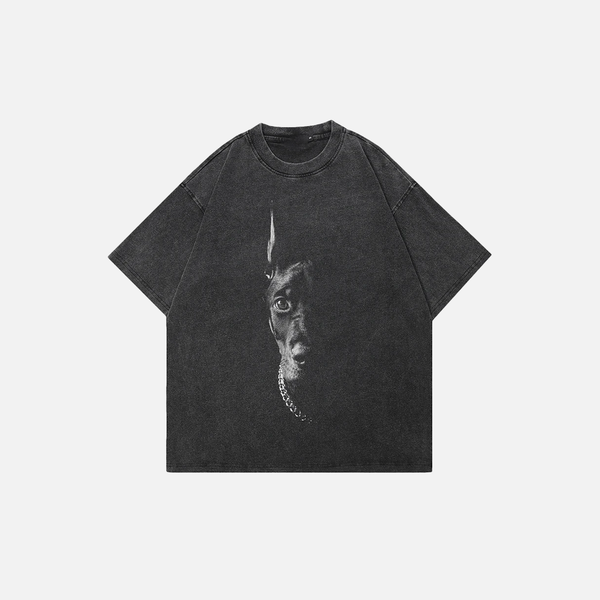 Boxy-Fit Faded Black Doberman Illustrated T-Shirt