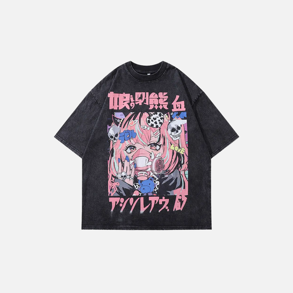 Washed-Out Black Designed Print Harajuku T-Shirt