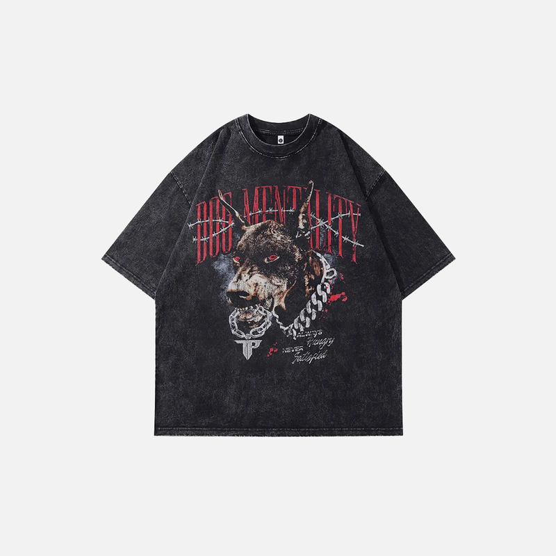 Turn-Of-Era Black Acid-Rinsed Doberman Print Print T-Shirt