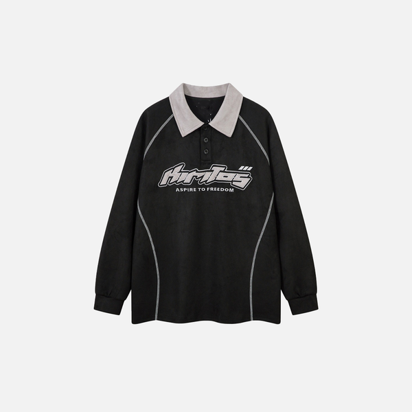 Autumn Relaxed-Cut Stitch-Craft Sport-Collar Long Sleeve T-Shirt alternatif görünüm