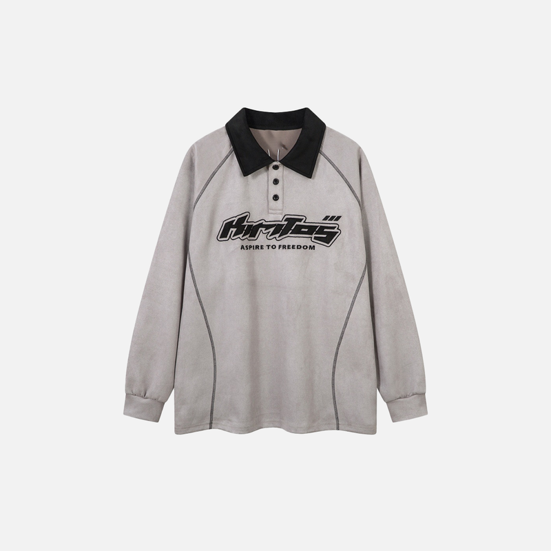 Autumn Relaxed-Cut Stitch-Craft Sport-Collar Long Sleeve T-Shirt