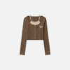 Front view of the brown Women's Laced Elegant Layered Cardigan  in a gray background