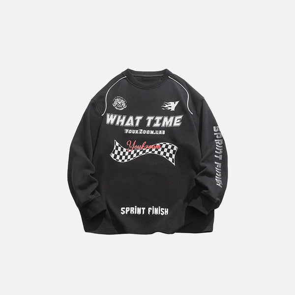 Front view of the black Oversized Racing Loose Sweatshirt in a gray background