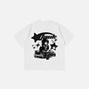 Front view of the white Y2k Car Printed Women's T-shirt in a gray background