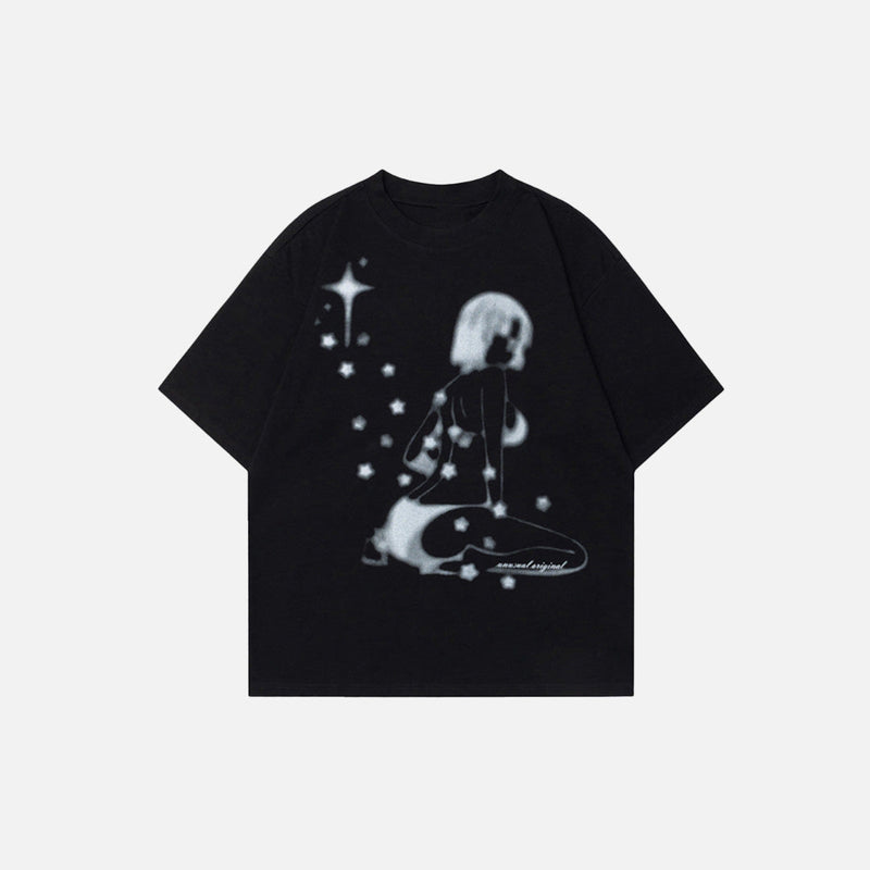 Hand-Drawn-Art Characters Imprinted Short Sleeve T-Shirt