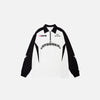 Front view of the black StarTrack Zip-Up Sweatshirt in a gray background