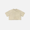 Front view of the apricot Women's Retro Washed Distressed T-shirt in a gray background
