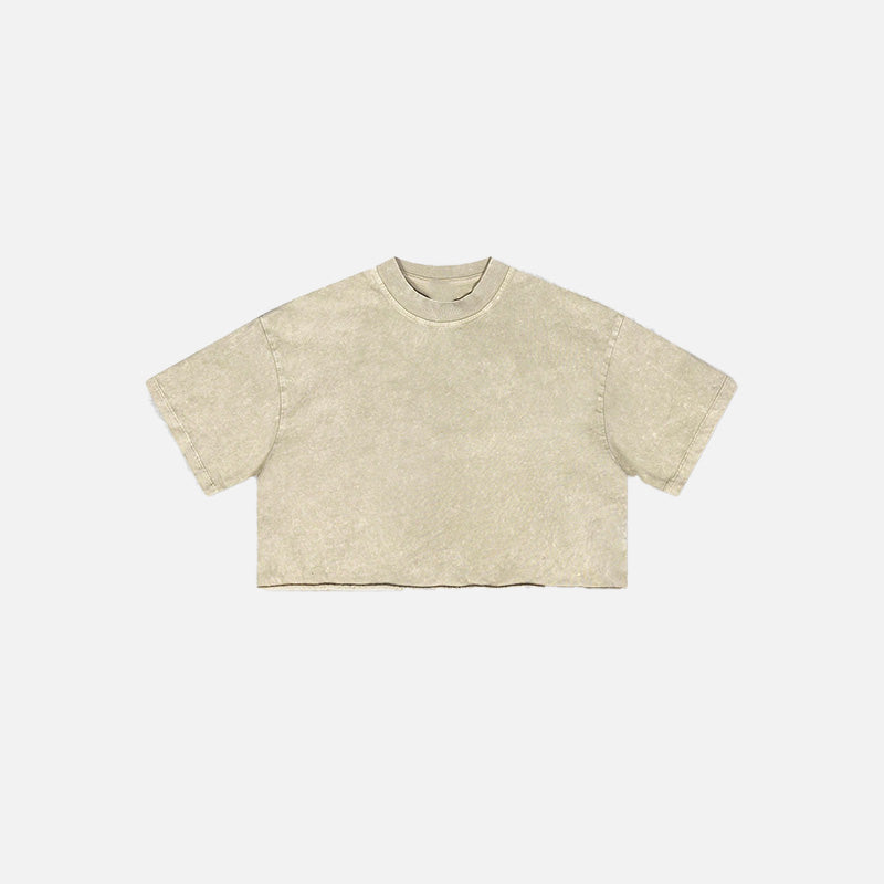 Front view of the apricot Women's Retro Washed Distressed T-shirt in a gray background