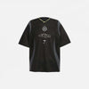 Front view of the black Vintage Patchwork Sports Graphic T-Shirt in a gray background