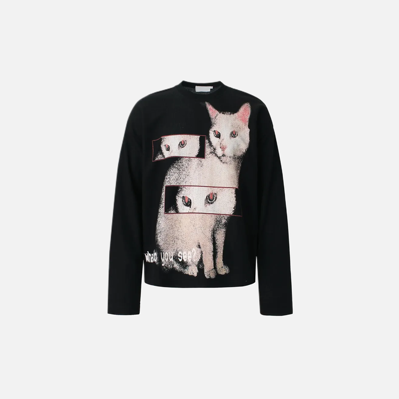 Noir-Edge Sweet Feline Print Imprinted Long Sleeve T-Shirt