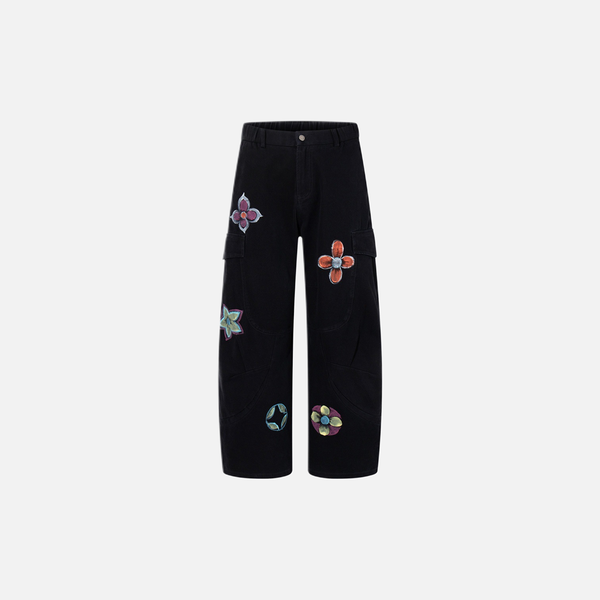 Unique Hand-Painted Botanical Design Bell-Leg Utility Denim alternatif görünüm