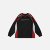 Front view of the black Retro Embroidery Patchwork Sweatshirt in a gray background