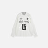 Front view of the white Y2K Sporty Graphic T-shirt in a gray background