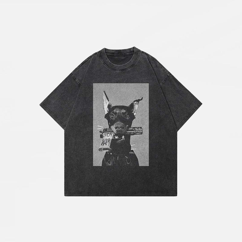 Front view of the black Washed Black Oversized Hound T-shirt in a gray background
