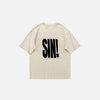 Front view of the beige Women's Vintage Letter Print T-shirt in a gray background