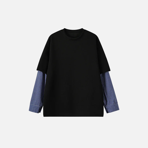 Two-Piece Fake Plaid Blue Long Sleeve T-Shirt alternatif görünüm