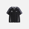 Front view of the black Loose Sports Athletic T-shirt in a gray background