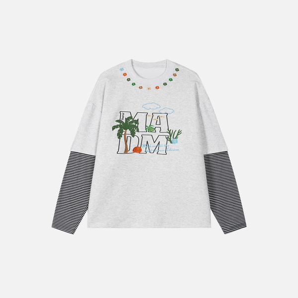 Chic Crew Neck Multi-Stripe Fake Two Piece Long Sleeve T-Shirt