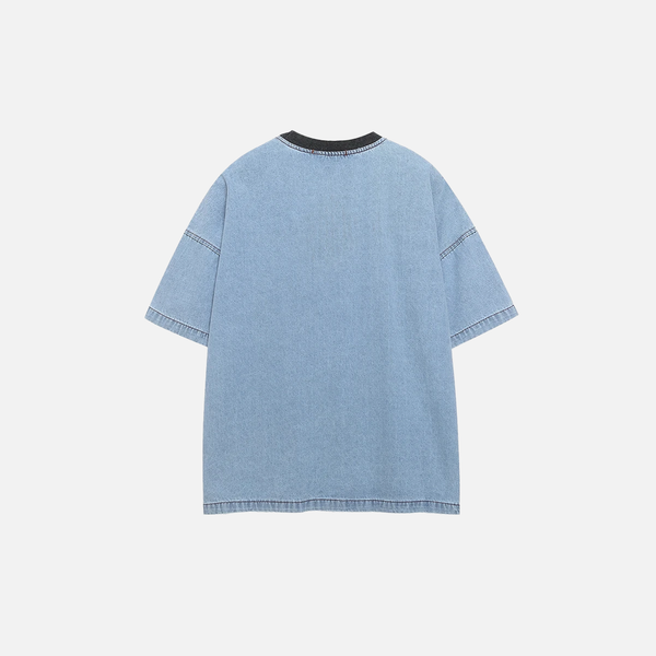Heat-Wave Block-Style Stitch-Craft Patch Denim T-Shirt alternatif görünüm