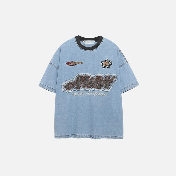Heat-Wave Block-Style Stitch-Craft Patch Denim T-Shirt