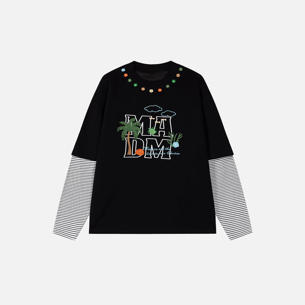 Chic Crew Neck Multi-Stripe Fake Two Piece Long Sleeve T-Shirt alternatif görünüm