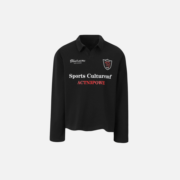 Throwback Polished Badge Print Long Sleeve Sport-Collar T-Shirt