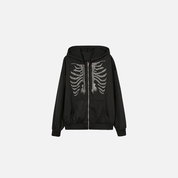 Front view of the black Bone Chill Zip-Up Hoodie in a gray background