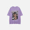 Front view of the purple Retro Manga Graphic T-shirt in a gray background