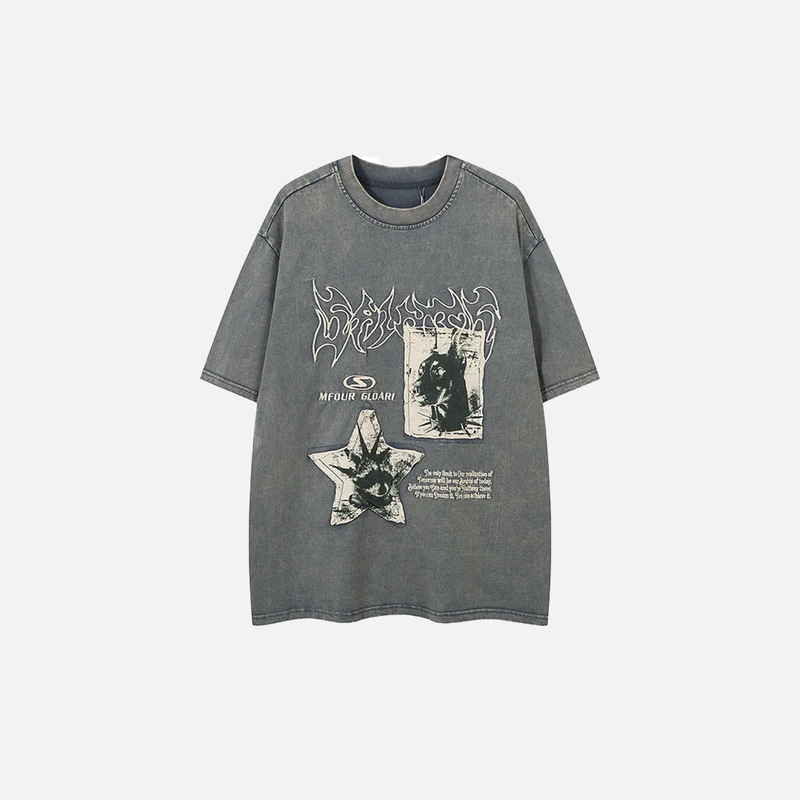 Digital-Age Drop-Shoulder Cozy Dirty-Art Patched Darkwave T-Shirt