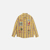 Front view of the yellow Island Vibes Patchwork Shirt in a gray background