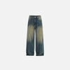 Front view of the blue Curved Seam Wide-Leg Jeans in a gray background
