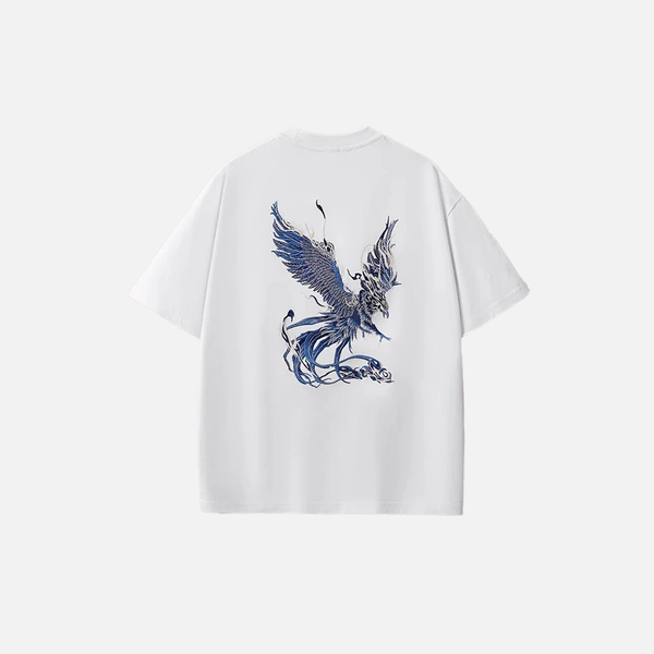 Heat-Wave Phoenix Embroidery Off-Duty O-Neck Cotton T-Shirt alternatif görünüm