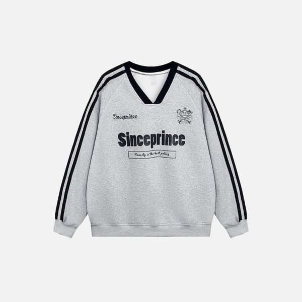 Sharp-Cut Letter Print V-Neck Long Sleeve T-Shirt alternatif görünüm