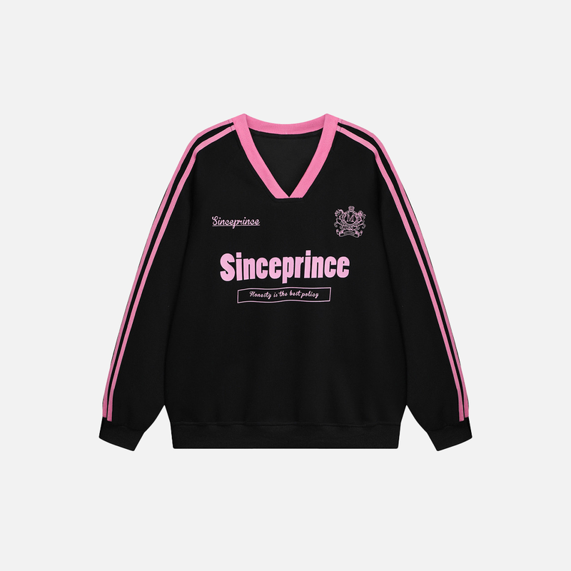 Sharp-Cut Letter Print V-Neck Long Sleeve T-Shirt