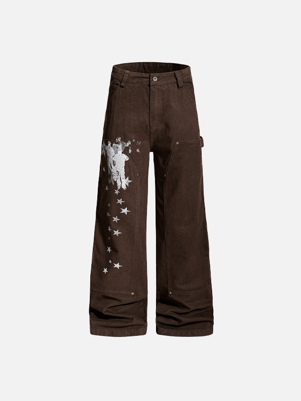 Modern Print Design Bell Leg Denim Utility Denim