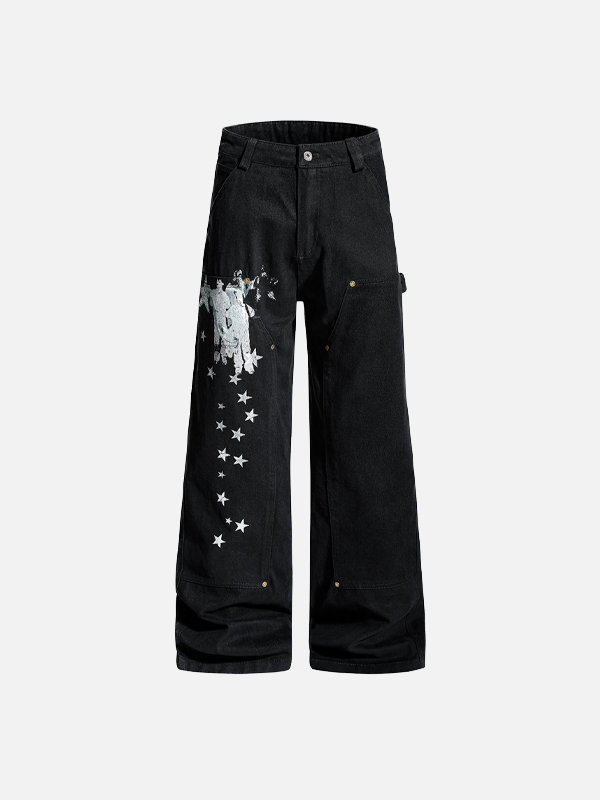 Modern Print Design Bell Leg Denim Utility Denim alternatif görünüm