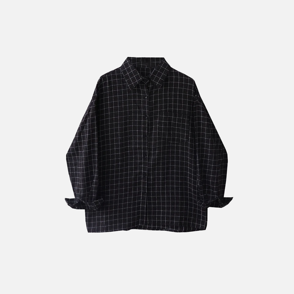 K-Fashion Plaid Lapel Relaxed Shirt alternatif görünüm