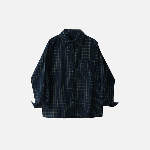K-Fashion Plaid Lapel Relaxed Shirt