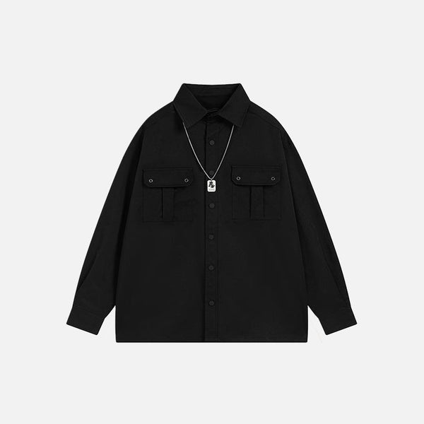 Polo Neck Chain-Detail Pocket Shirt