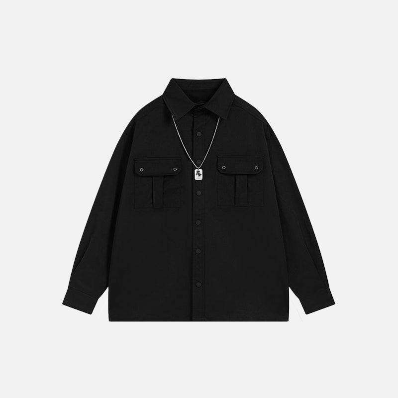 Polo Neck Chain-Detail Pocket Shirt