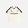 Front view of the beige Peacheat Classic T-shirt in a gray background